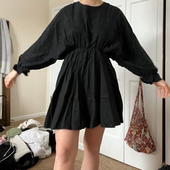 Zara Dolman Mini Black Dress Ruffle Puff Cinched Babydoll Size S - Picture 5 of 10